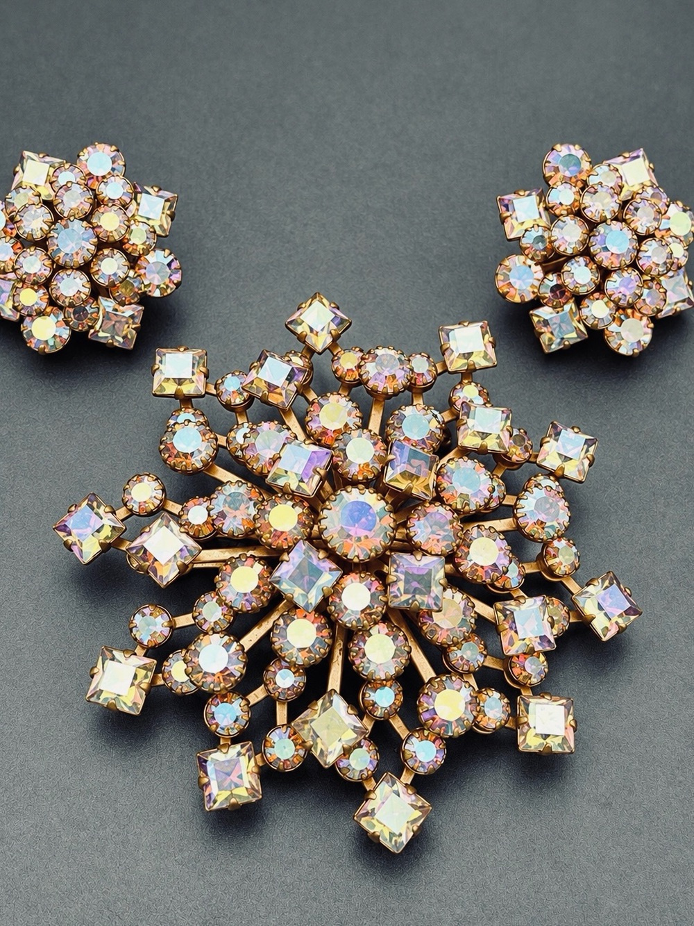 Vintage Dazzler Aurora Borealis Rhinestone set Clip earrings